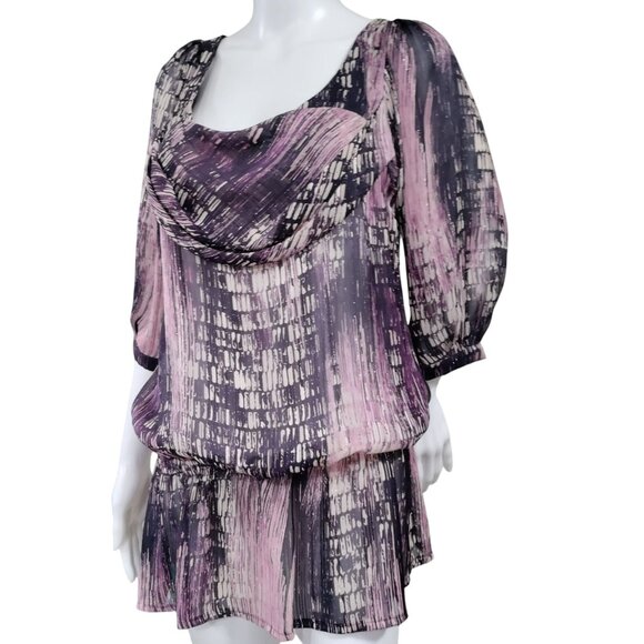 Casting Whimsy Artsey Lagenlook Abstract Silk Cowl Neck Blouson Mini Dress M - Picture 2 of 16